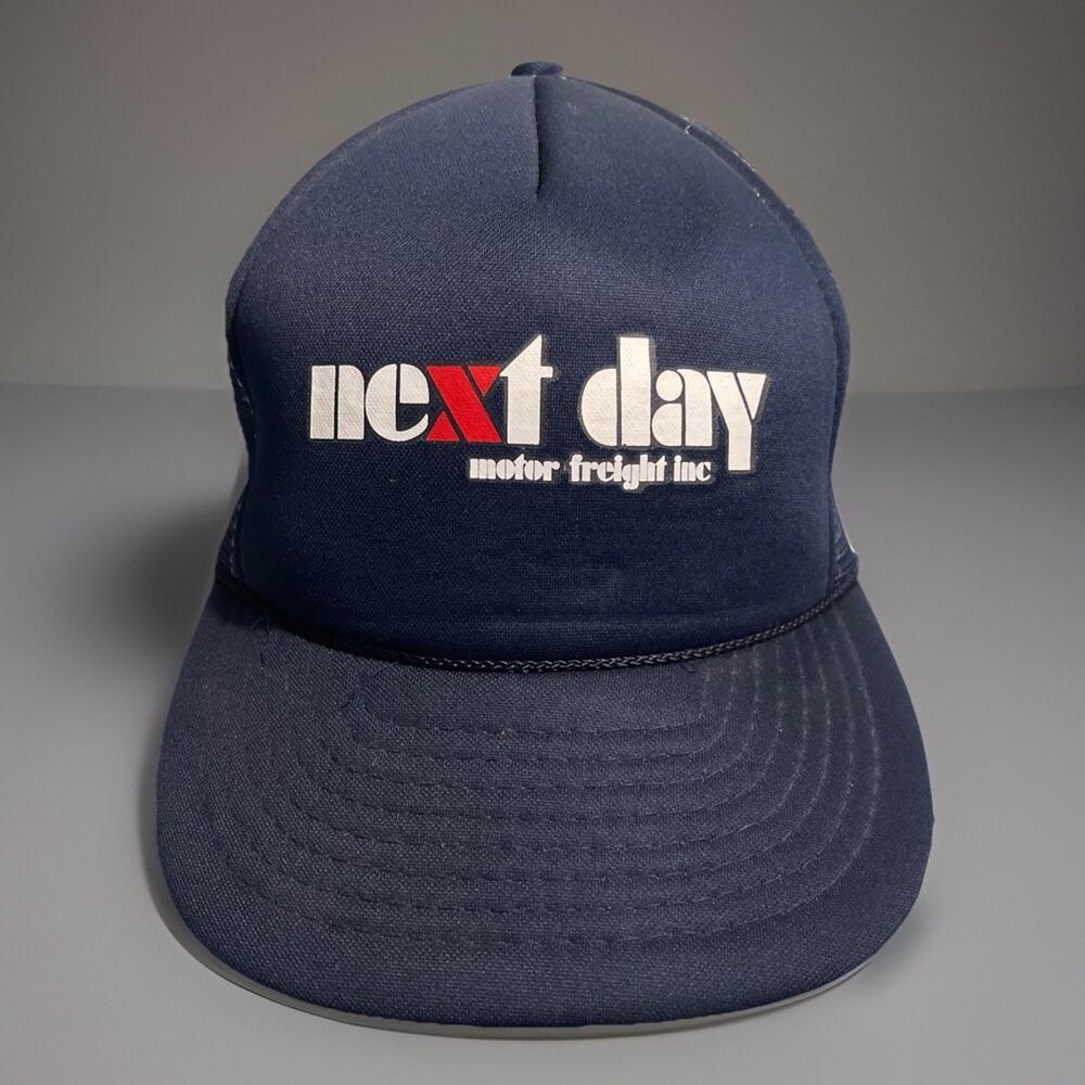 VINTAGE Next Day Motor Freight Hat Cap Snap Back Blue Mesh Trucker Mens 80s 90s